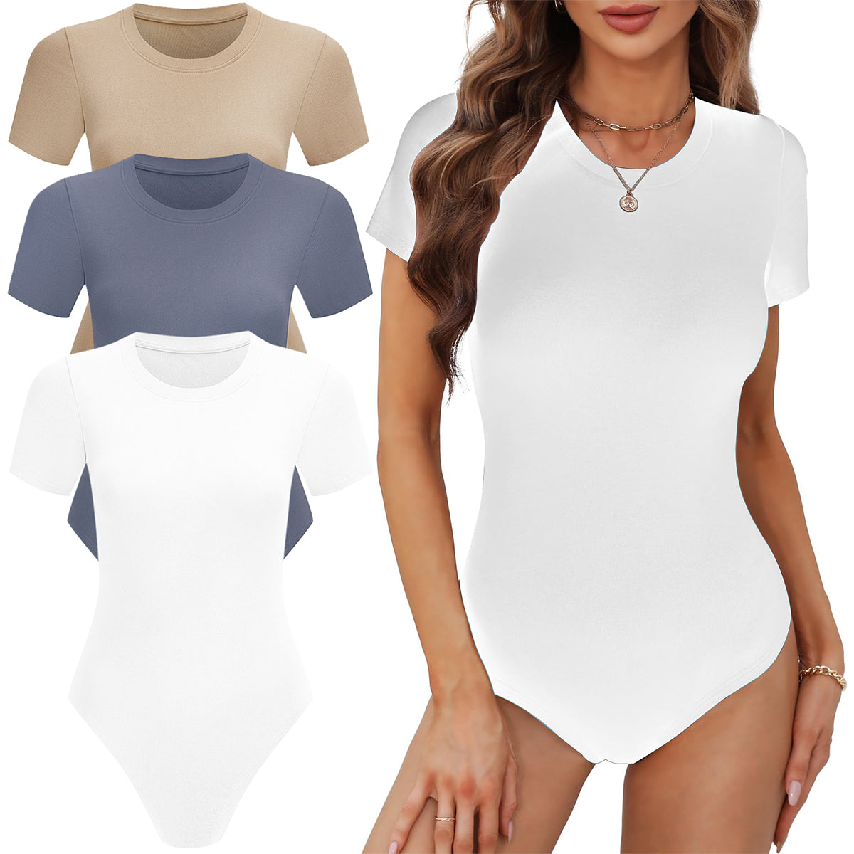 OLENNZ Women's 3 Pack Short Sleeve Round Neck Bodysuit Tops Crew Neck Basic Casual Tshirt Bodysuits