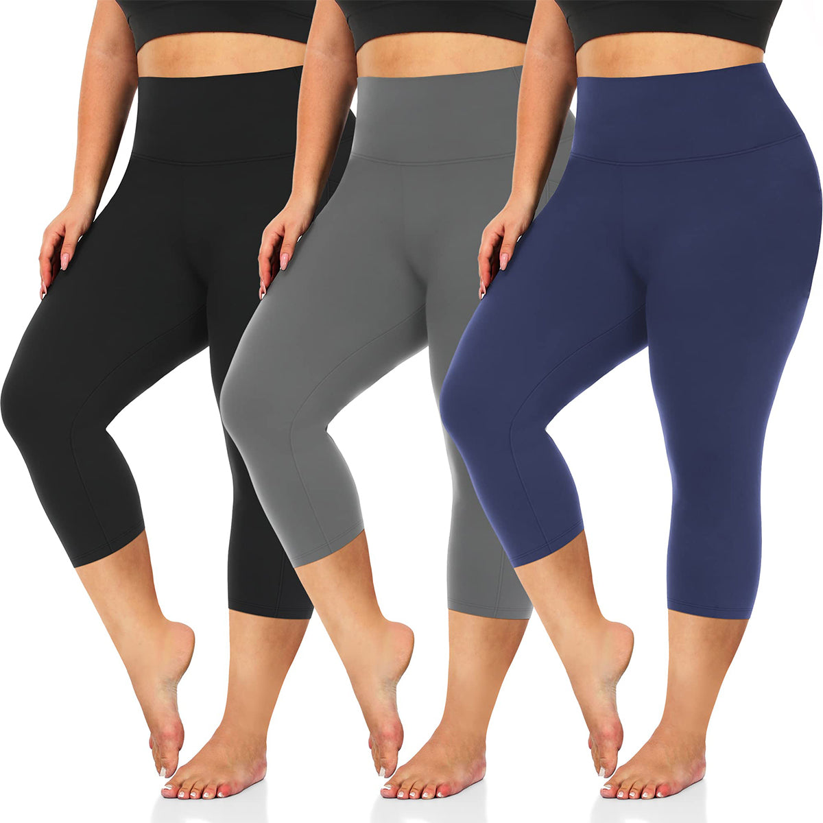 OLENNZ 3 Pack Plus Size Capri Leggings for Women -Stretchy X-Large-4X Tummy Control High Waist Spandex Workout Yoga Pants