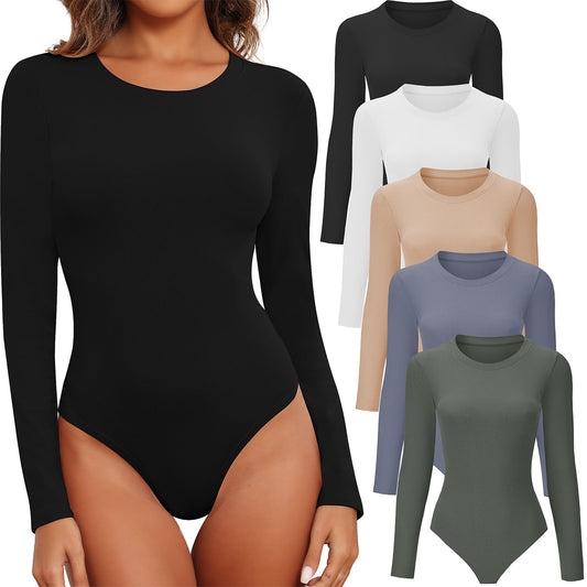 OLENNZ Womens Long Sleeve Bodysuit Round Neck Bodysuit Shirts for Women Crew Neck Body Suits Tops Fall Body Suit Pack