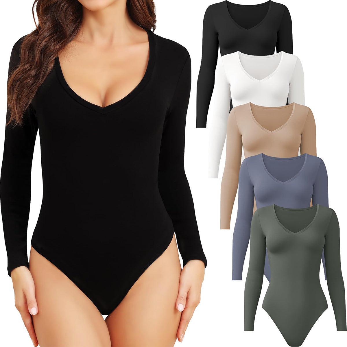 OLENNZ 5 Pack Long Sleeve Bodysuits for Women Deep V Neck Stretchy Basic Body Suit Tops