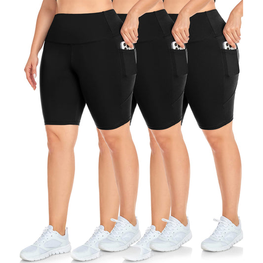 OLENNZ 3 Pack Plus Size Biker Shorts with Pockets for Women-High Waisted 8" Yoga Pants Workout Shorts