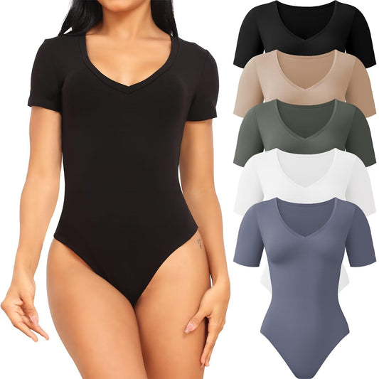 OLENNZ 5 Pack Bodysuits for Women Short Sleeve Deep V Neck Tops T-shirt Bodysuit Casual Outfits