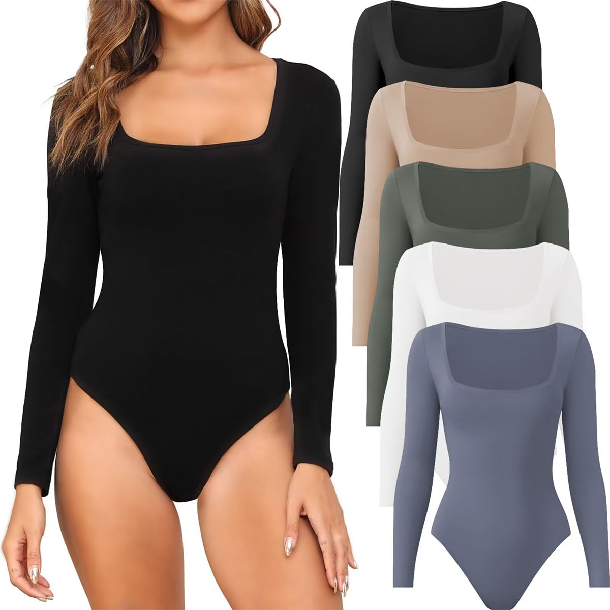 OLENNZ 5 Pack Long Sleeve Bodysuits for Women Square Neck Body Suit Stretchy Tops