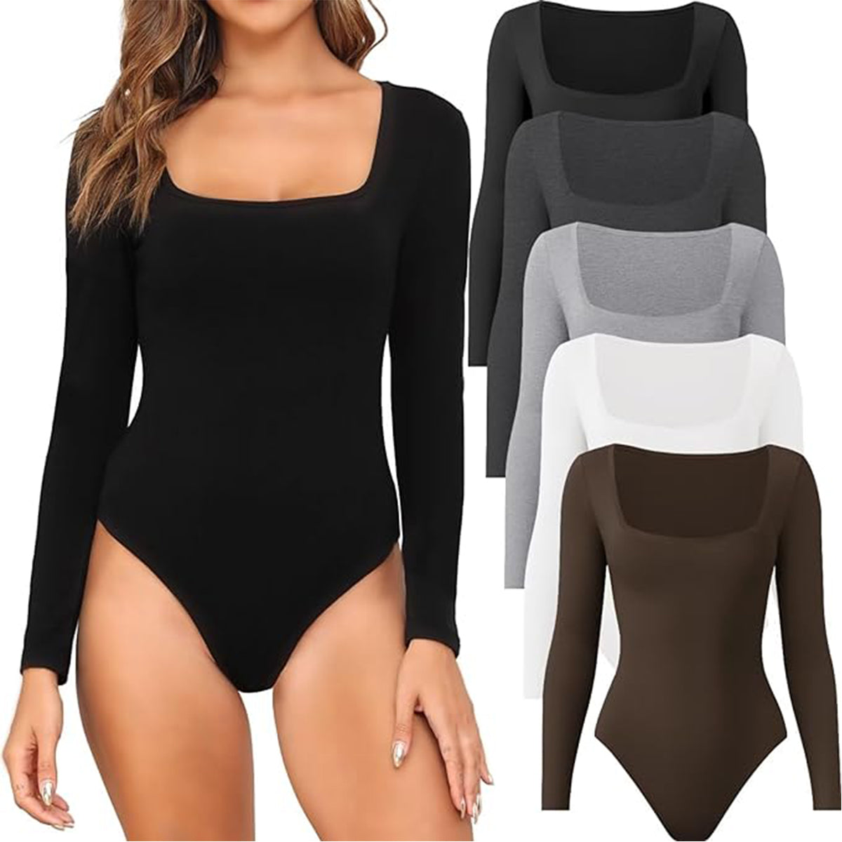 OLENNZ 5 Pack Long Sleeve Bodysuits for Women Square Neck Body Suit Stretchy Tops