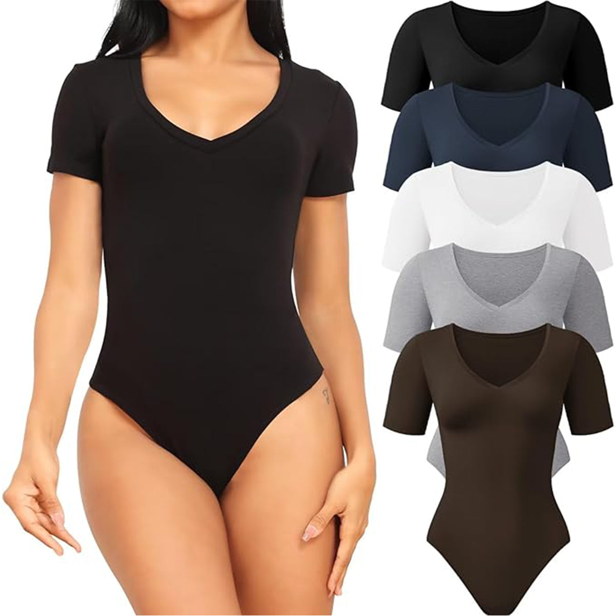 OLENNZ 5 Pack Bodysuits for Women Short Sleeve Deep V Neck Tops T-shirt Bodysuit Casual Outfits