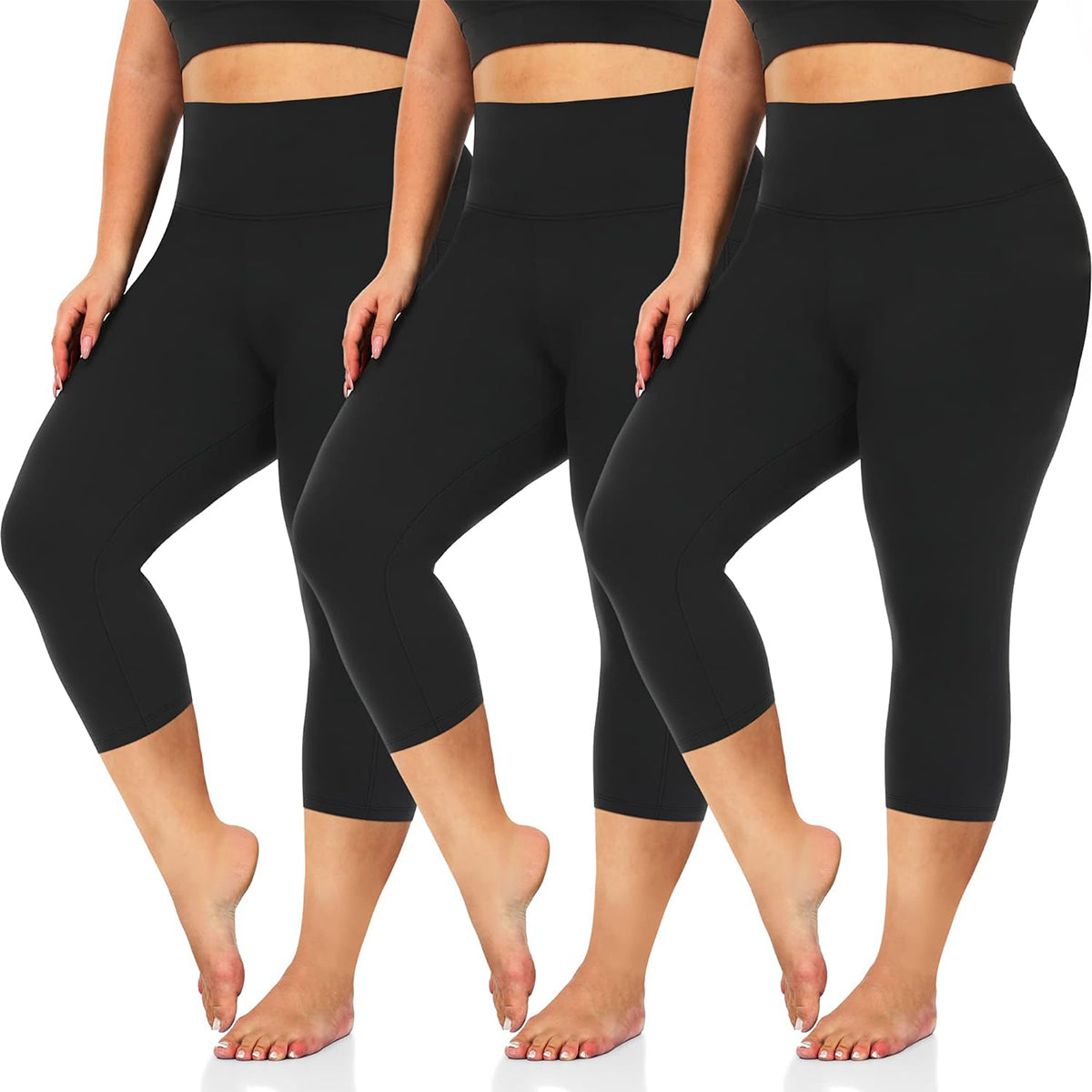 OLENNZ 3 Pack Plus Size Capri Leggings for Women -Stretchy X-Large-4X Tummy Control High Waist Spandex Workout Yoga Pants