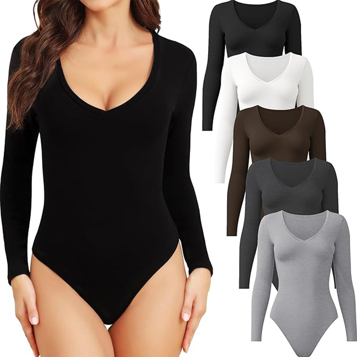 OLENNZ 5 Pack Long Sleeve Bodysuits for Women Deep V Neck Stretchy Basic Body Suit Tops