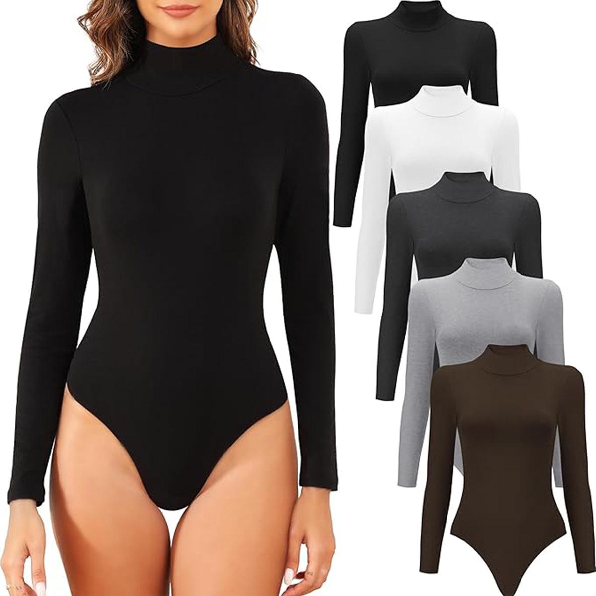 OLENNZ 5 Pack Long Sleeve Bodysuit for Women Mock Turtleneck Casual Basic Stretchy Body Suits Tops