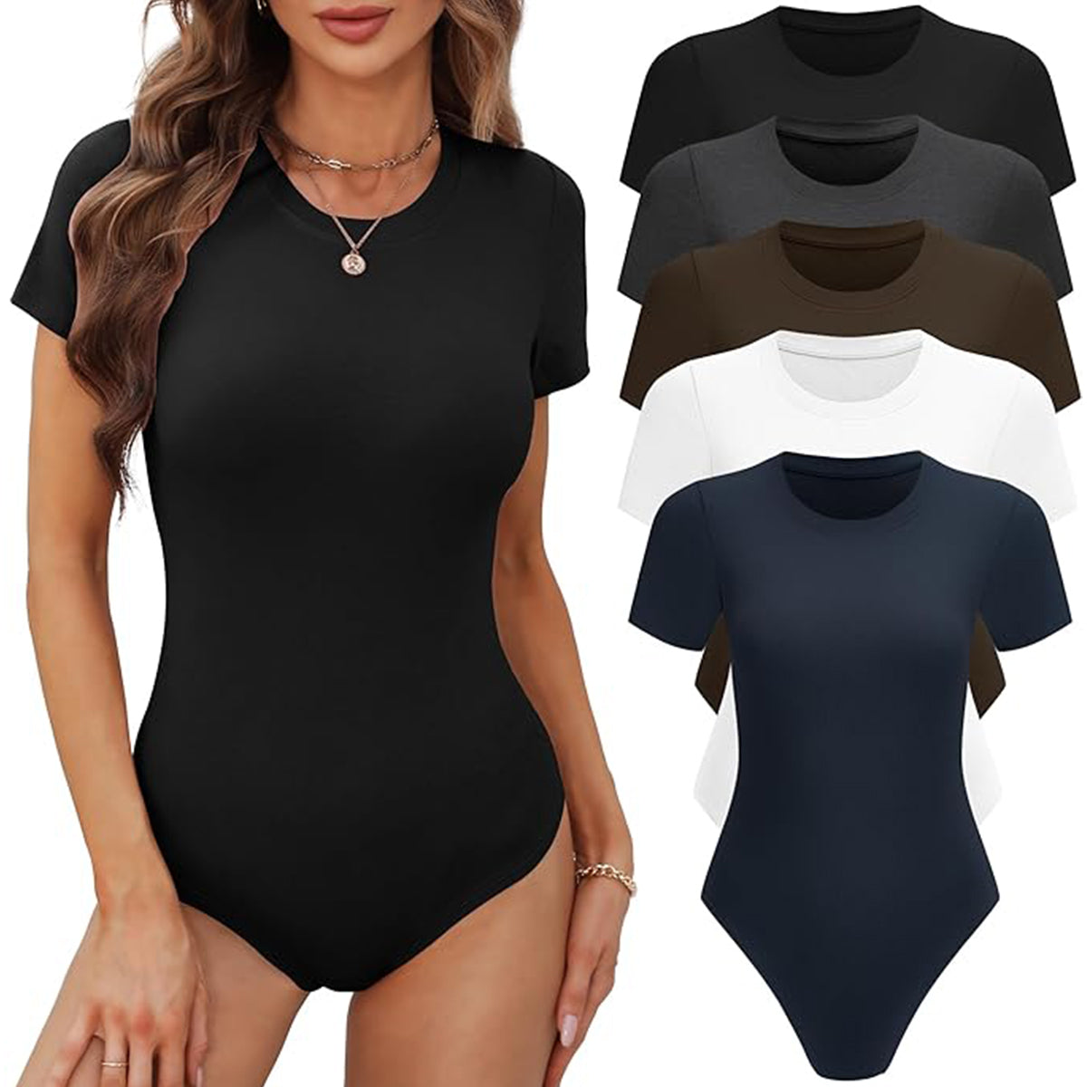 OLENNZ Women's 5 Pack Short Sleeve Round Neck Bodysuit Tops Crew Neck Basic Casual Tshirt Bodysuits