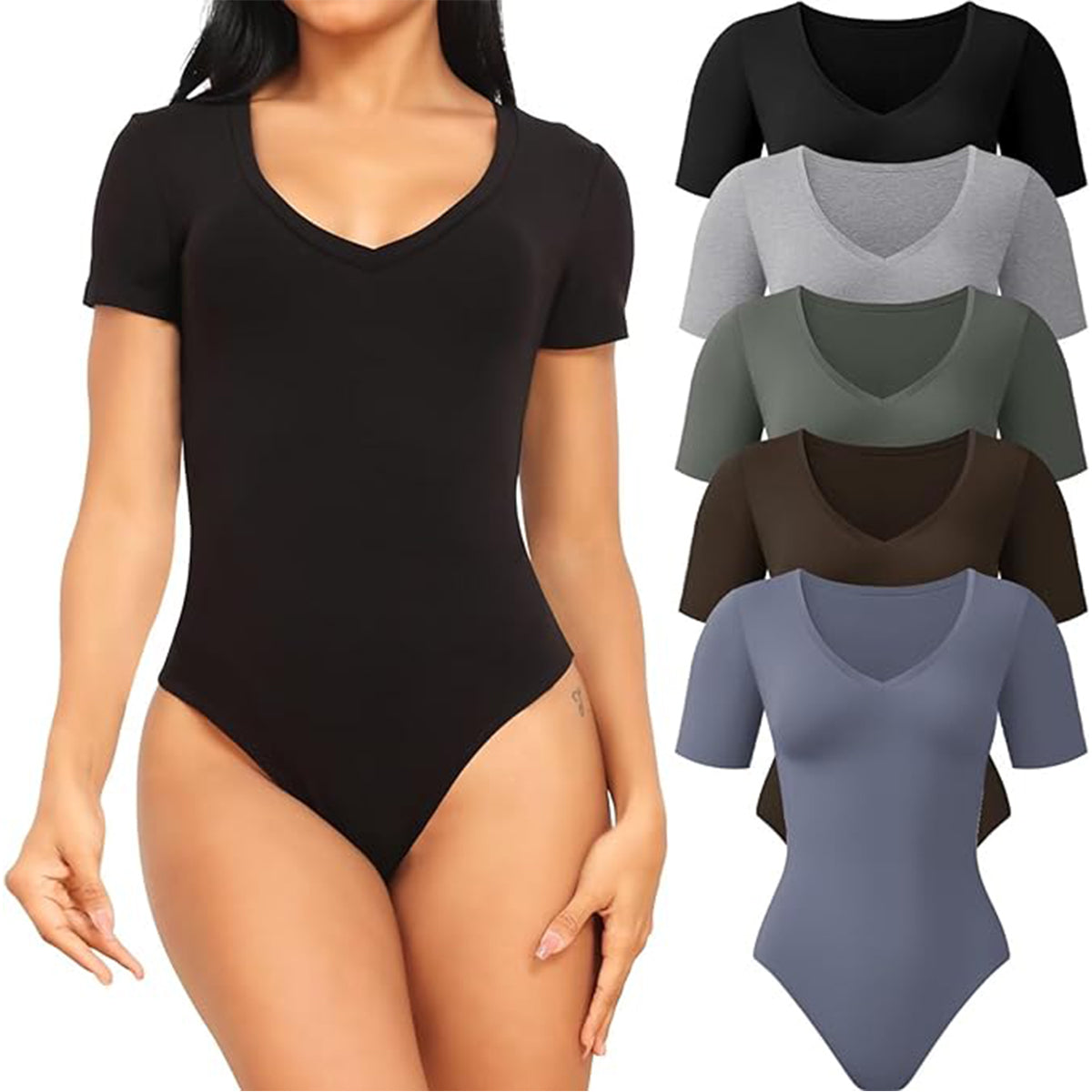 OLENNZ 5 Pack Bodysuits for Women Short Sleeve Deep V Neck Tops T-shirt Bodysuit Casual Outfits