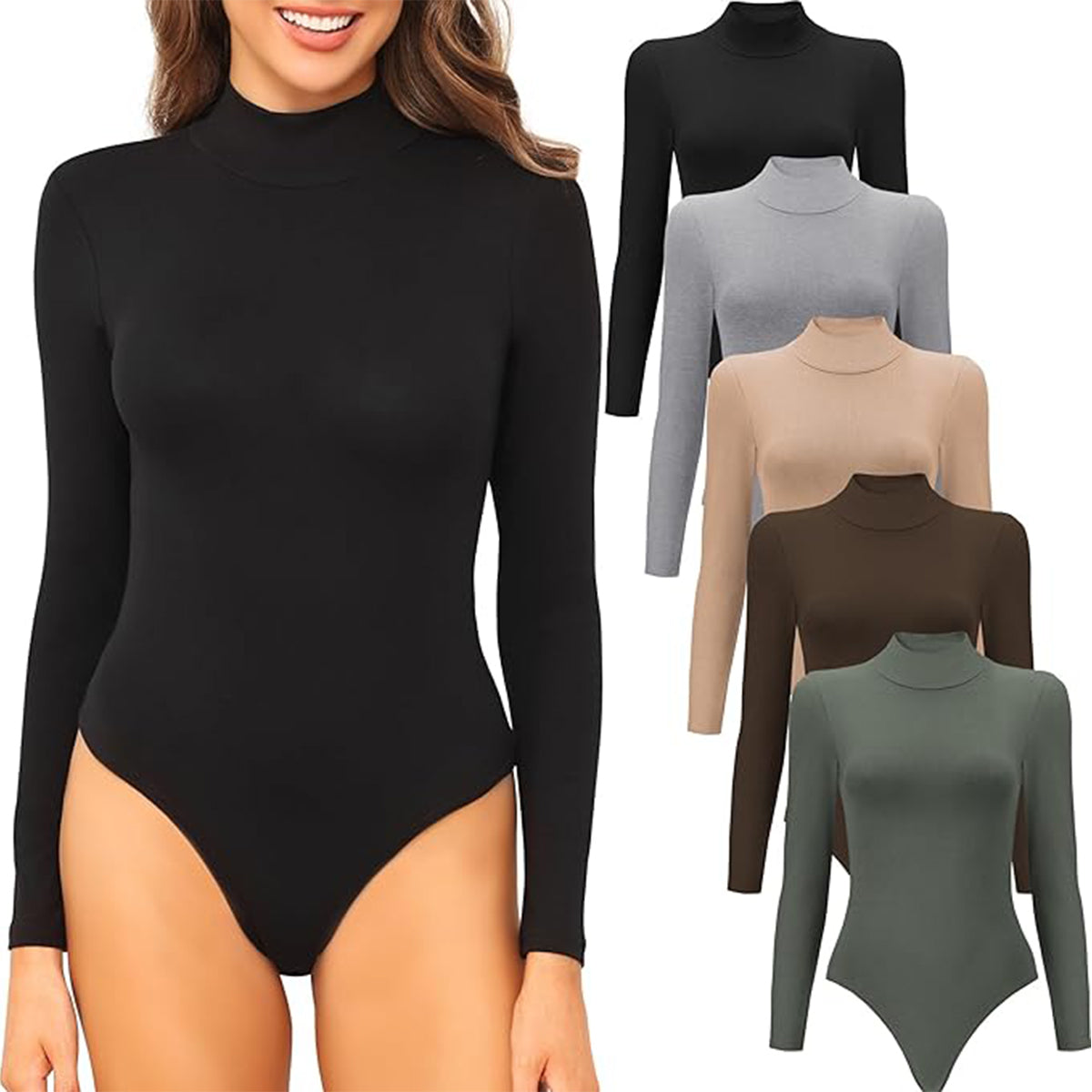 OLENNZ 5 Pack Long Sleeve Bodysuit for Women Mock Turtleneck Casual Basic Stretchy Body Suits Tops