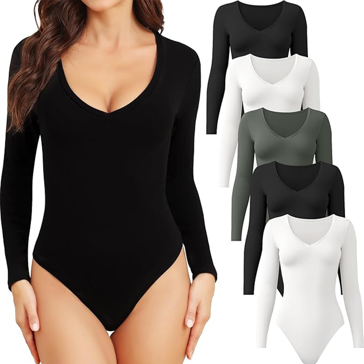 OLENNZ 5 Pack Long Sleeve Bodysuits for Women Deep V Neck Stretchy Basic Body Suit Tops