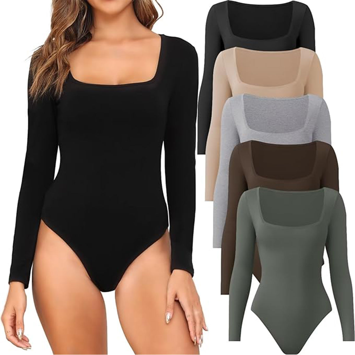 OLENNZ 5 Pack Long Sleeve Bodysuits for Women Square Neck Body Suit Stretchy Tops