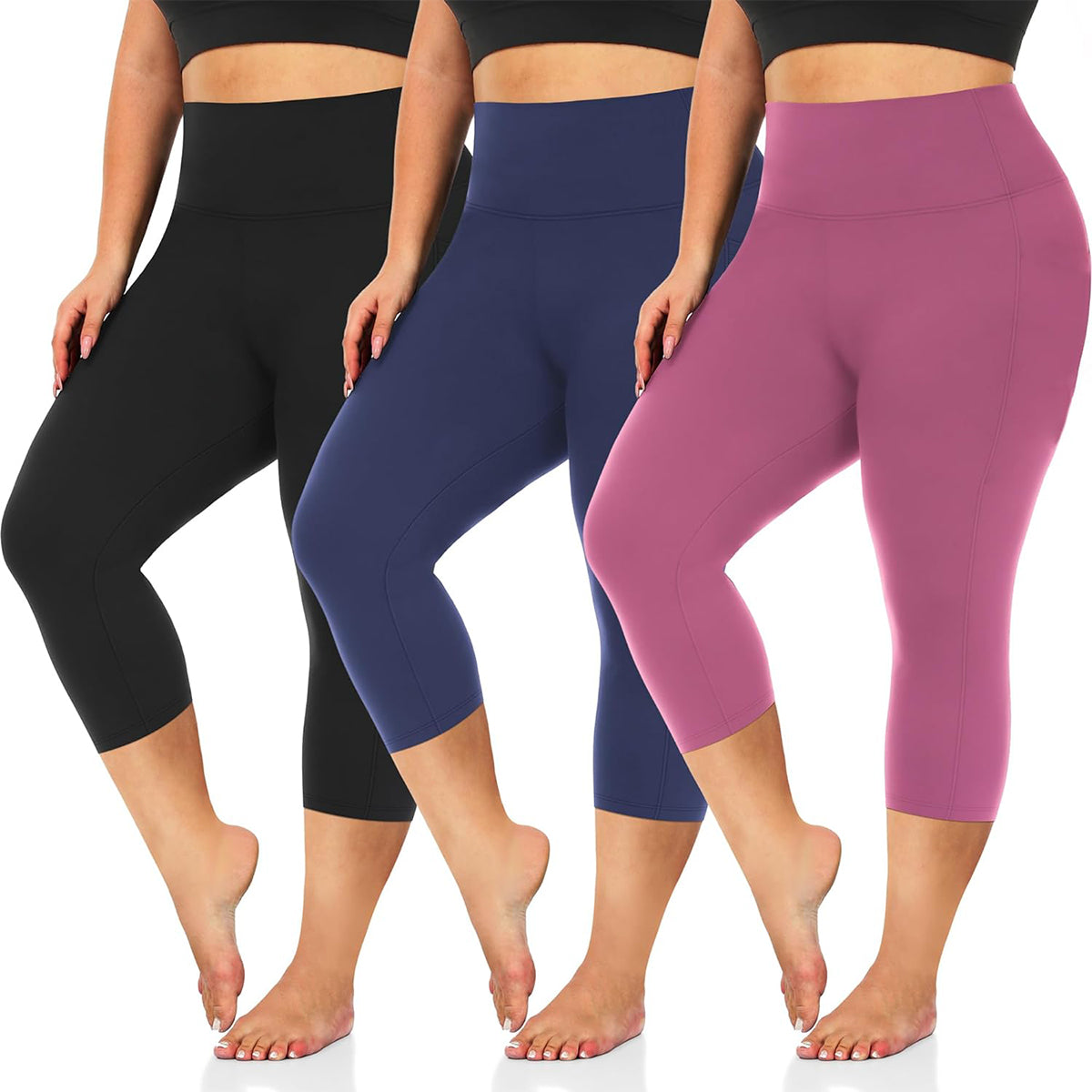 OLENNZ 3 Pack Plus Size Capri Leggings for Women -Stretchy X-Large-4X Tummy Control High Waist Spandex Workout Yoga Pants