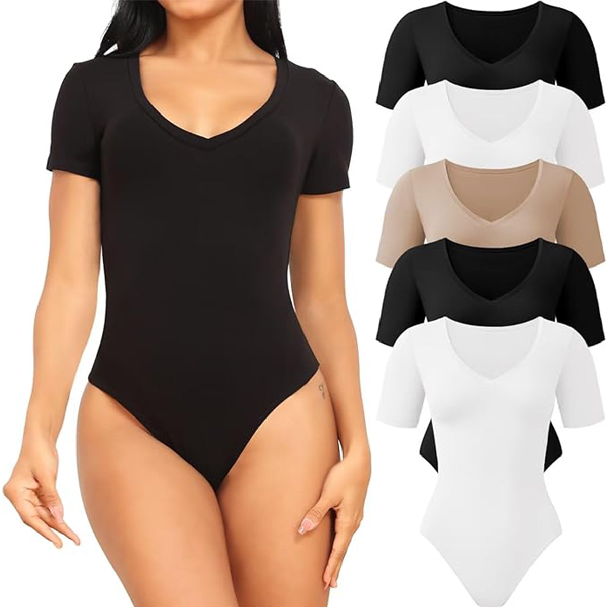 OLENNZ 5 Pack Bodysuits for Women Short Sleeve Deep V Neck Tops T-shirt Bodysuit Casual Outfits