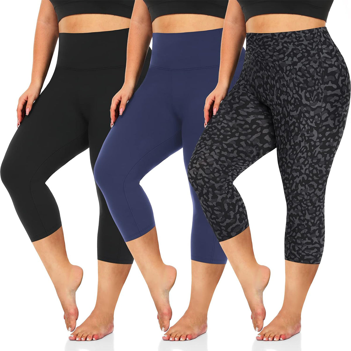 OLENNZ 3 Pack Plus Size Capri Leggings for Women -Stretchy X-Large-4X Tummy Control High Waist Spandex Workout Yoga Pants