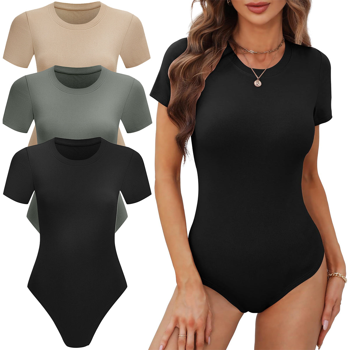 OLENNZ Women's 3 Pack Short Sleeve Round Neck Bodysuit Tops Crew Neck Basic Casual Tshirt Bodysuits