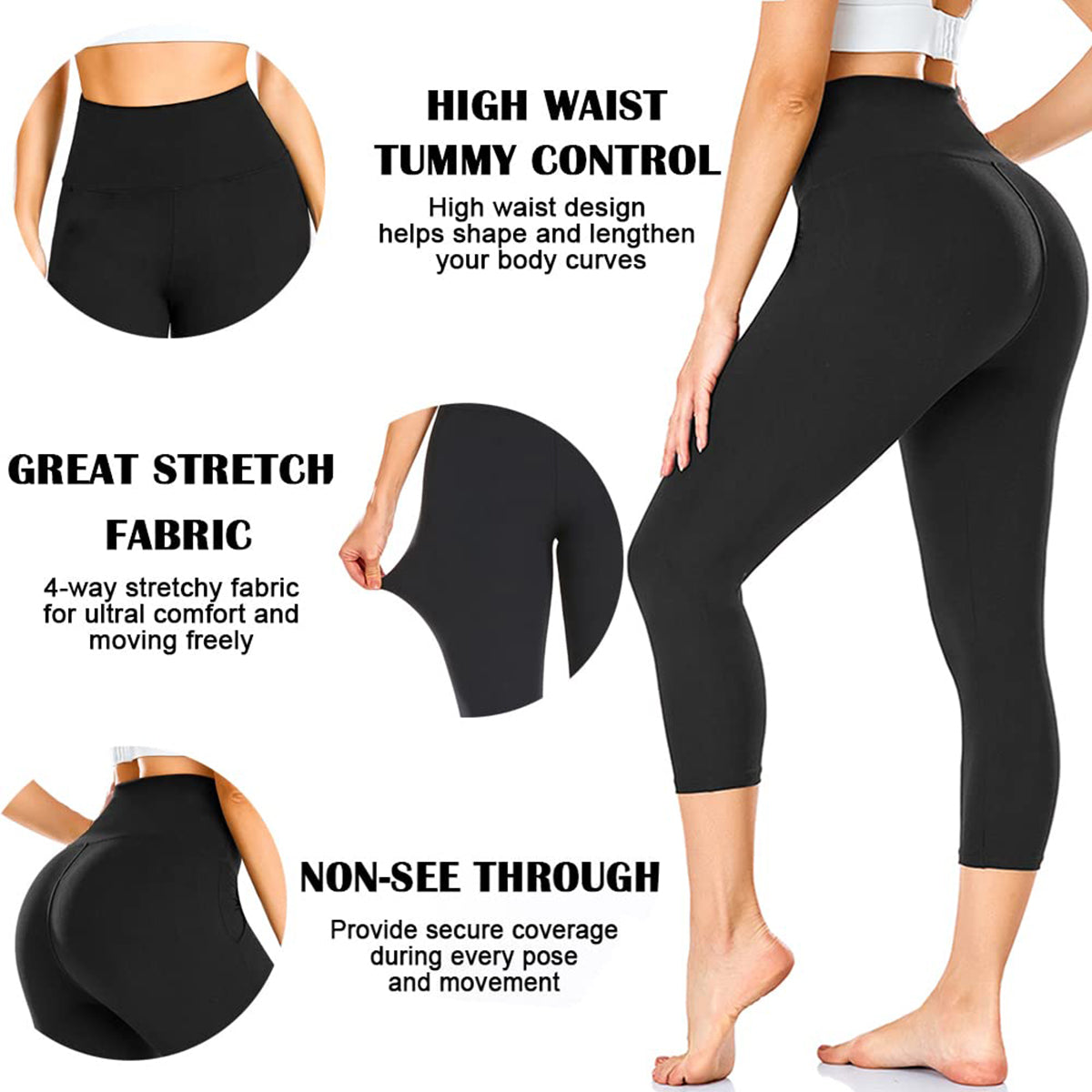 OLENNZ Capri Leggings for Women - High Waisted Tummy Control Black Workout Yoga Pants