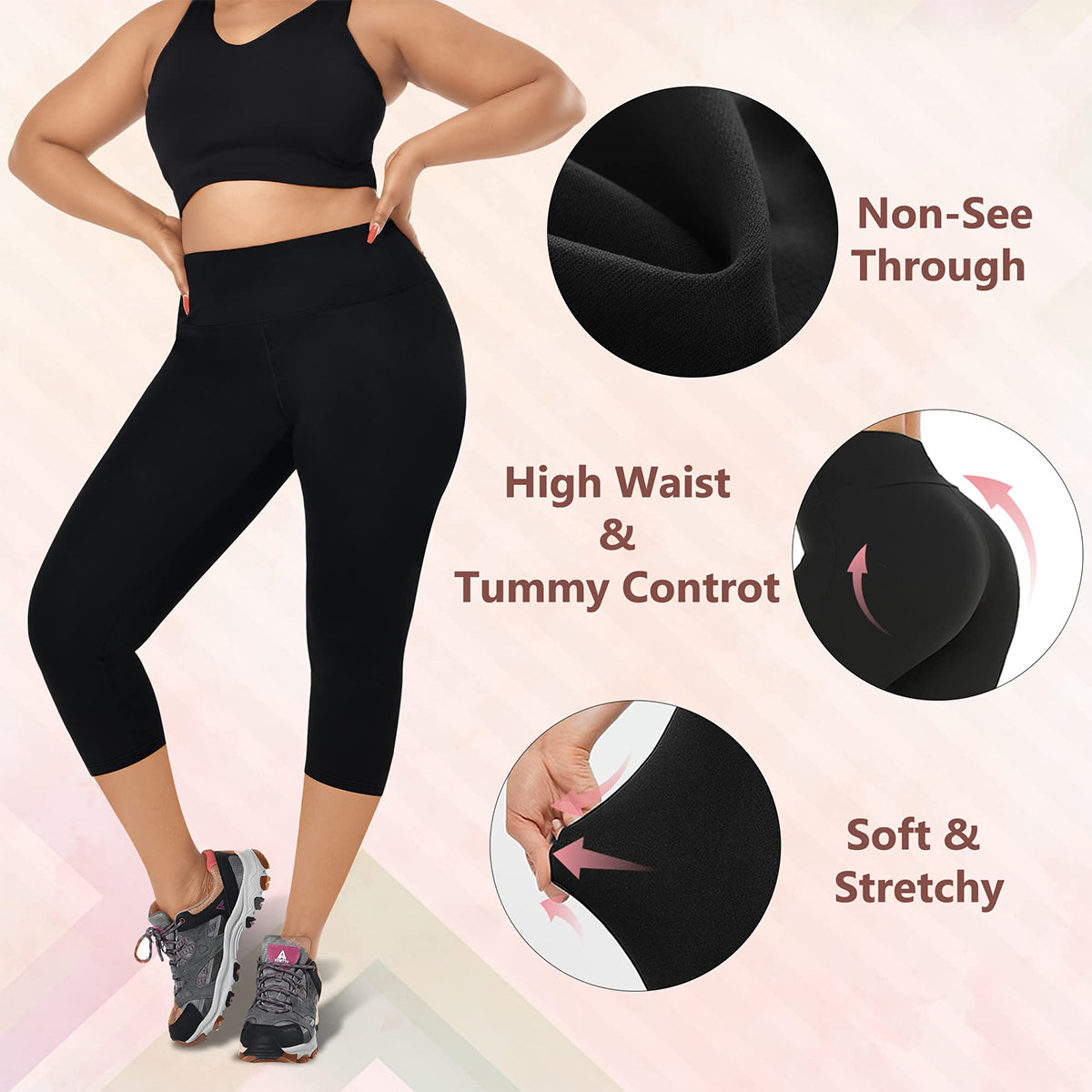 OLENNZ 3 Pack Plus Size Capri Leggings for Women -Stretchy X-Large-4X Tummy Control High Waist Spandex Workout Yoga Pants